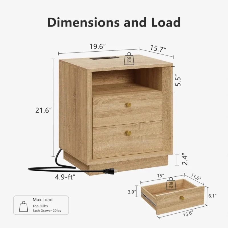 Rectangular Wood Nightstand with Charging Station Mid-Century Modern Bedside Table - Image 2