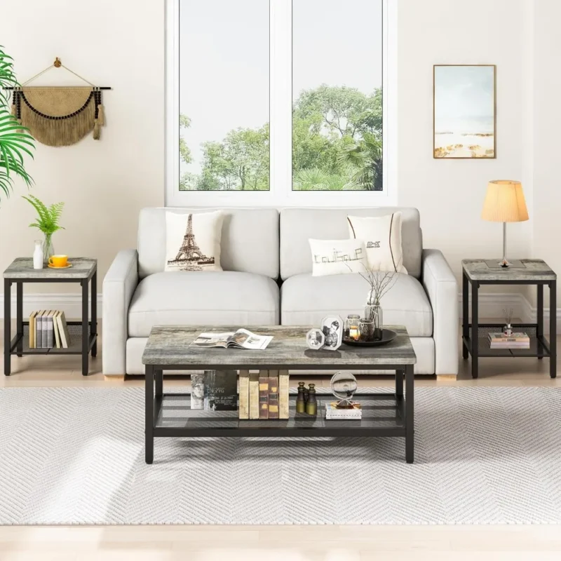 Nested Square Coffee Table Set with 2 Side Tables Modern Industrial Metal Frame - Image 4