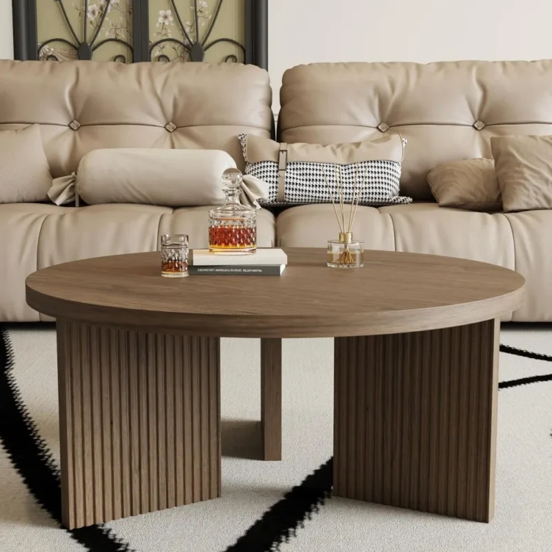 Round Solid Wood Mid-Century Modern Coffee Table with X-Shaped Legs - Image 3