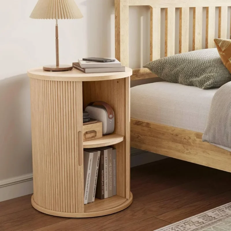Round Engineered Wood Mid-Century Modern Side Table with Tambour Door Storage - Image 4