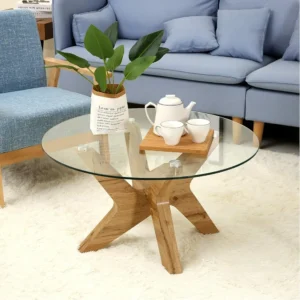 Round Tempered Glass Mid-Century Modern Coffee Table with Wooden Base