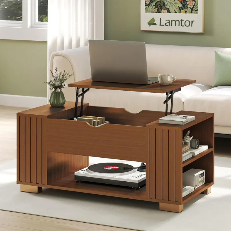 Square Fluted Wood Mid-Century Modern Coffee Table with Lift Top Storage - Image 8