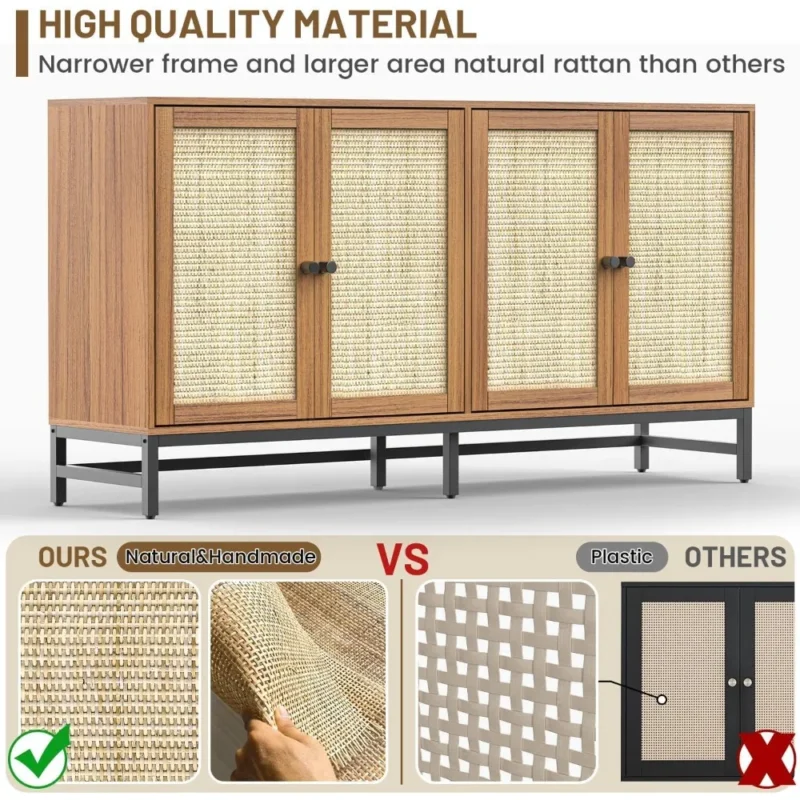 Walnut Rattan Mid-Century Modern Sideboard Cabinet with 4 Doors - Image 4