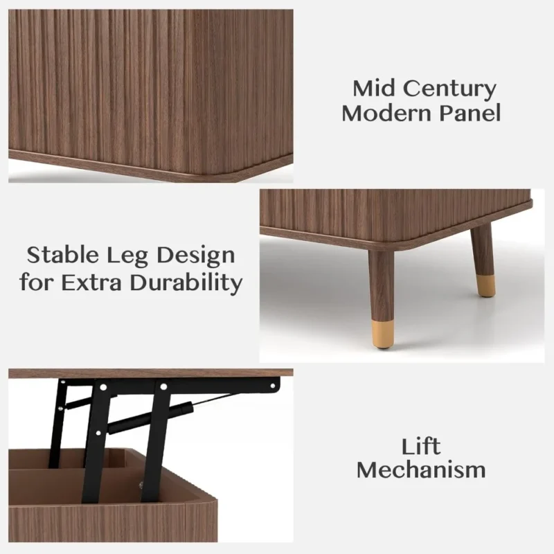 Rectangular Walnut Wood Mid-Century Modern Lift Top Coffee Table with Hidden Storage - Image 4