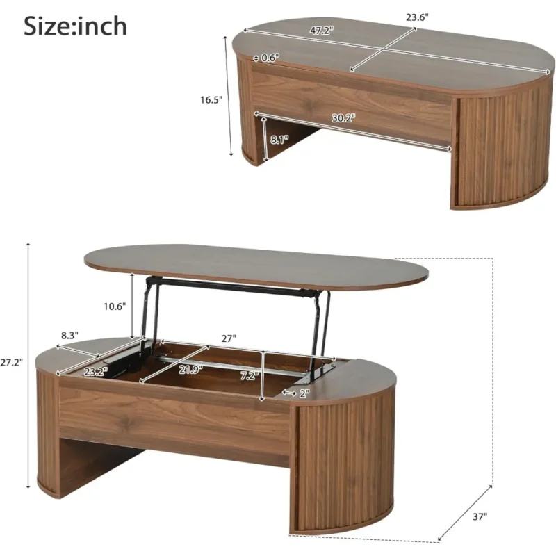 Oval Walnut Lift Top Mid-Century Modern Coffee Table with Storage Compartment - Image 2