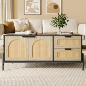 Rectangular Rattan Mid-Century Modern Coffee Table with LED Lights and Storage