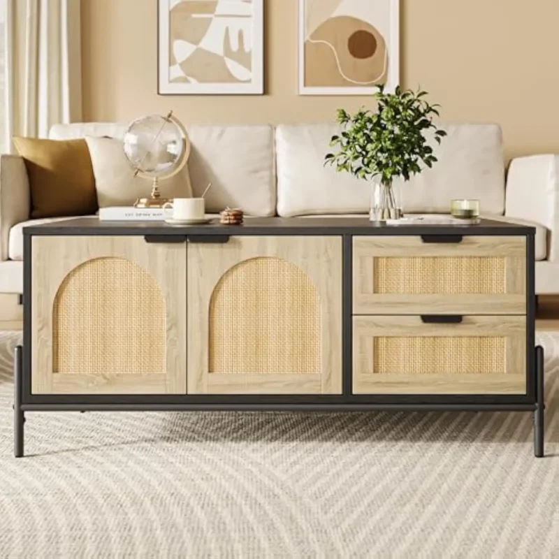 Rectangular Rattan Mid-Century Modern Coffee Table with LED Lights and Storage