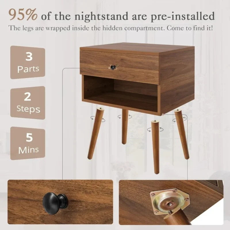 Wooden Set of 2 Mid-Century Modern Nightstands with Hidden Storage and Drawer - Image 6