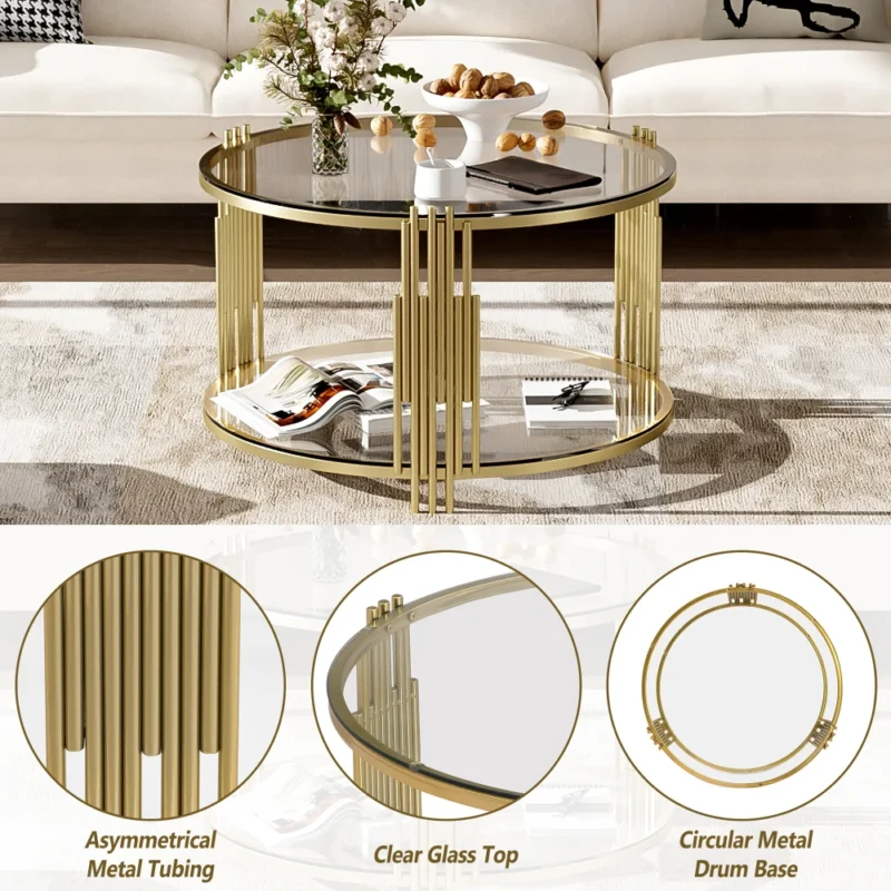 Round Glass Mid-Century Modern Coffee Table with Gold Metal Base - Image 3