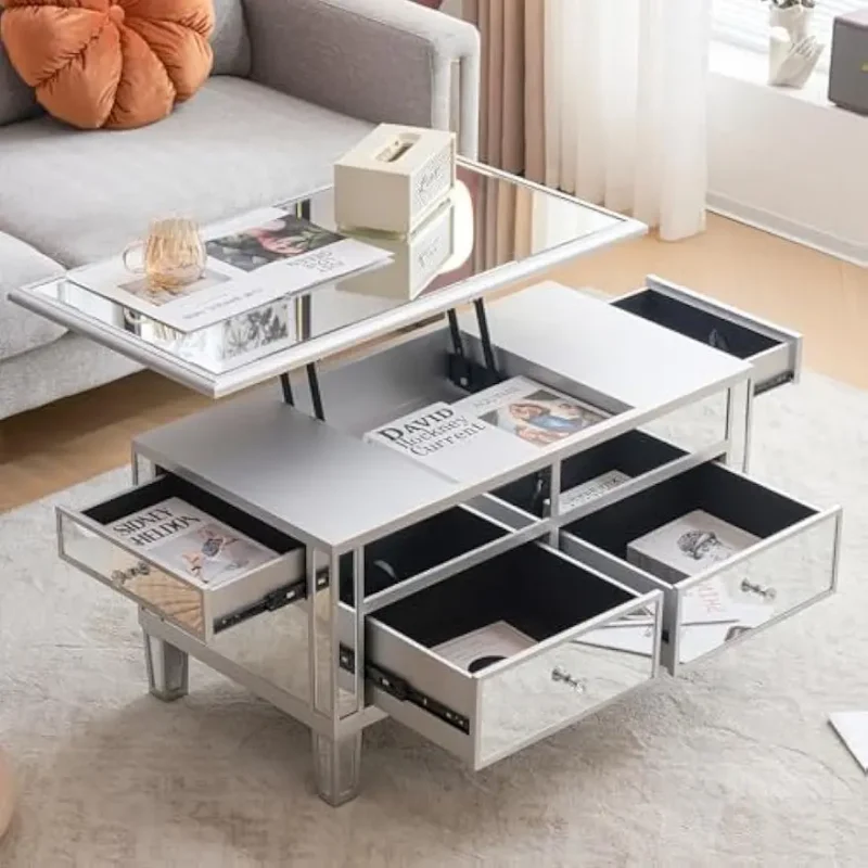 Rectangular Mirrored Lift Top Coffee Table with Storage Drawers - Image 7