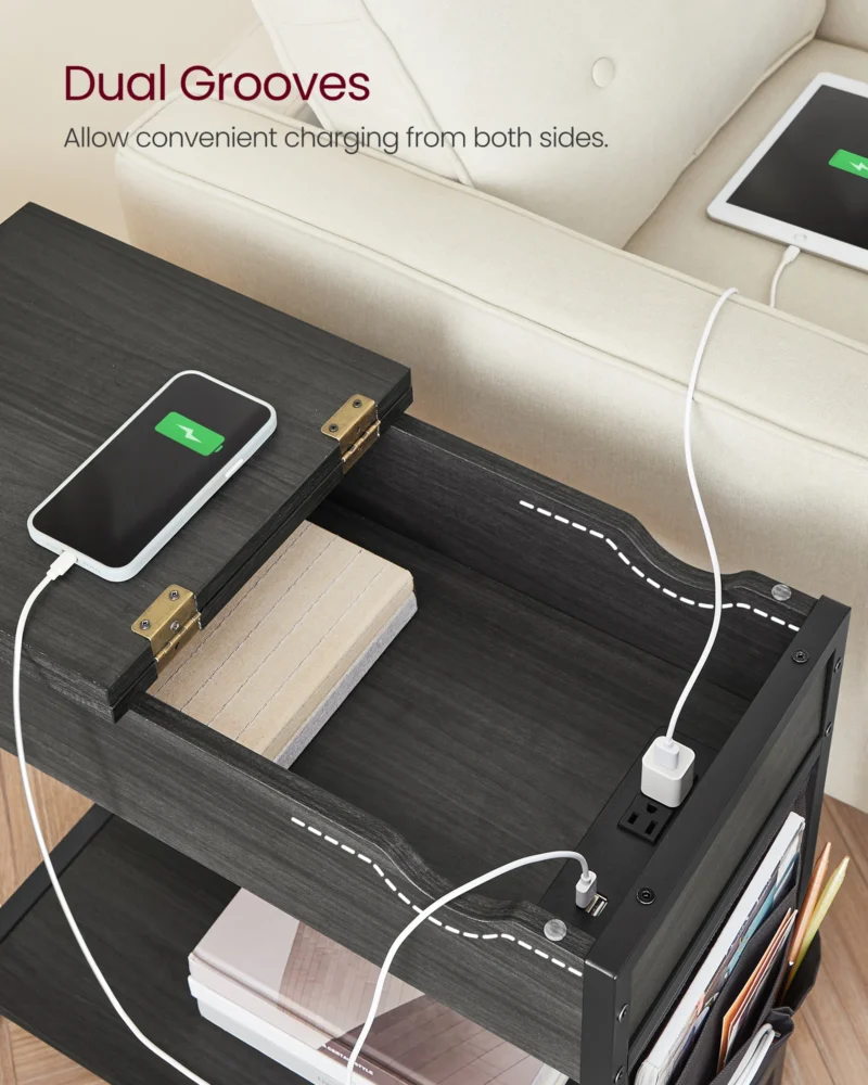 Modern Rectangular Wooden End Table with USB Charging Station and Storage Baskets - Image 4