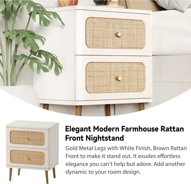 White Rattan Wicker 2-Drawer Nightstand Set Modern Farmhouse Bedside Tables - Image 5