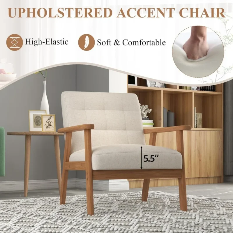 Square Beige Upholstered Mid-Century Modern Accent Chairs with Wood Frame Side Table Set - Image 4