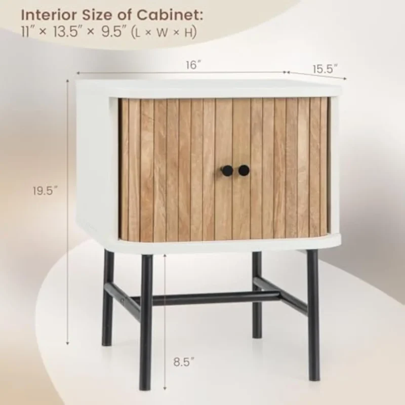Modern Wood Nightstand Set of 2 Mid-Century Bedside Tables with Sliding Doors - Image 3