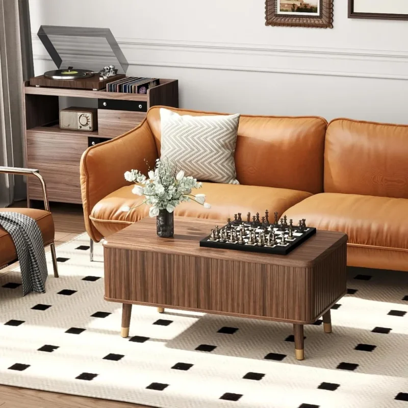 Rectangular Walnut Wood Mid-Century Modern Lift Top Coffee Table with Hidden Storage - Image 6