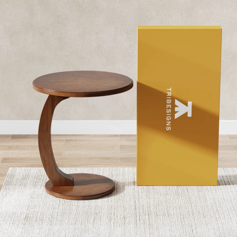 Round Walnut Wood Mid-Century Modern Side Table with C-Shaped Base - Image 4