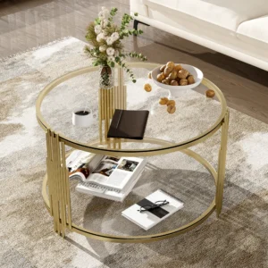 Round Glass Mid-Century Modern Coffee Table with Gold Metal Base