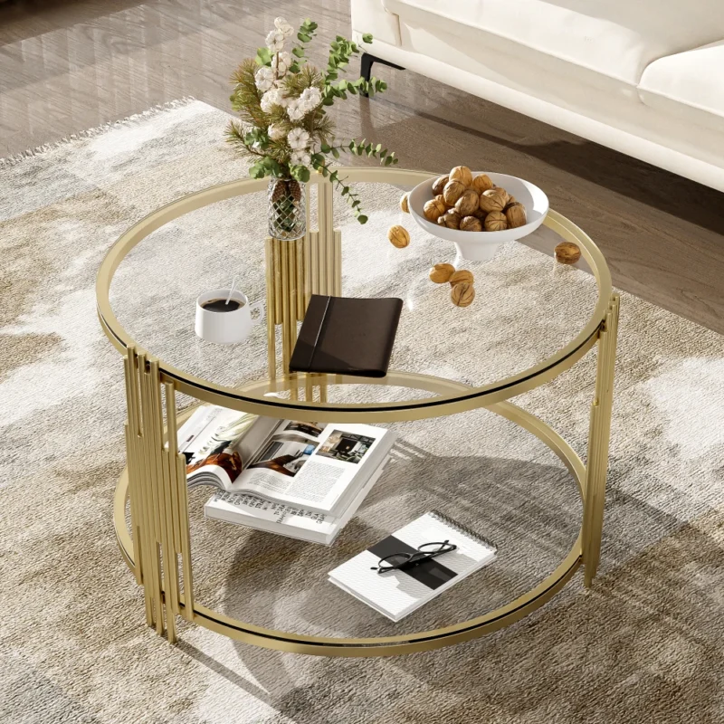 Round Glass Mid-Century Modern Coffee Table with Gold Metal Base