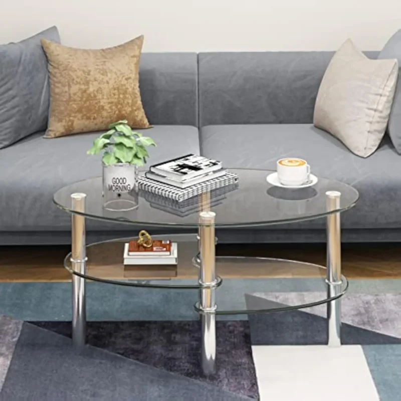 Oval Glass Three-Tier Coffee Table with Metal Legs and Storage Shelves - Image 3