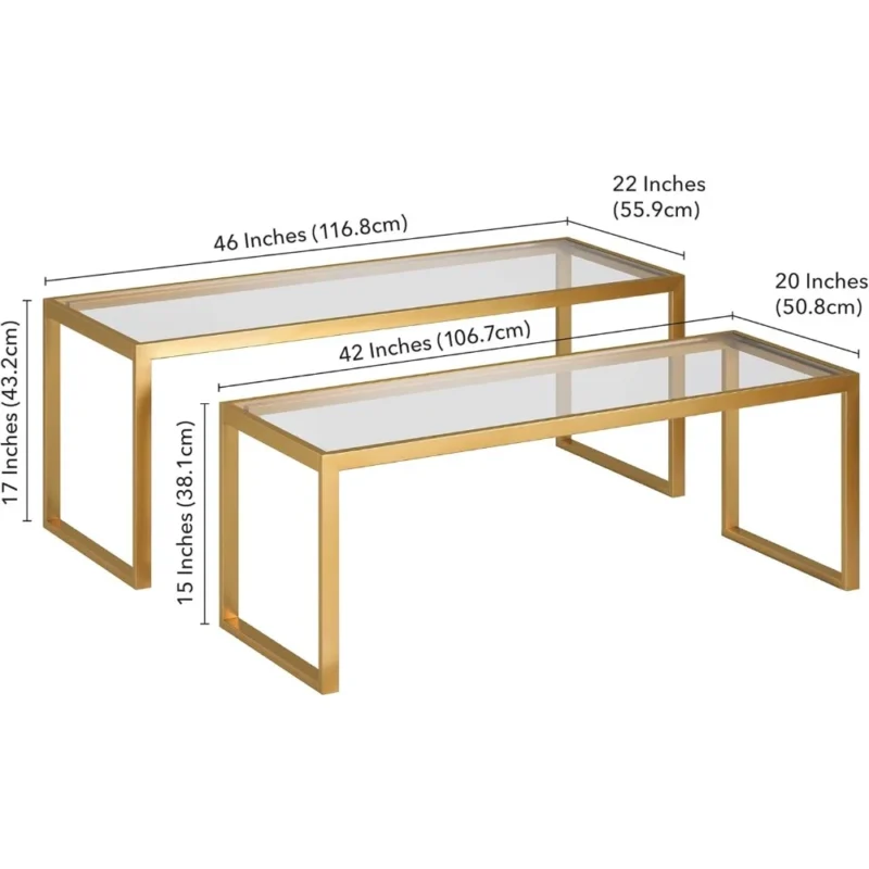 Rectangular Glass Nesting Coffee Table with Brass Metal Frame Mid-Century Modern - Image 3