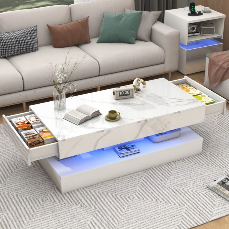 Rectangular LED Coffee Table with Storage Drawers and Double-Layer Design - Image 3