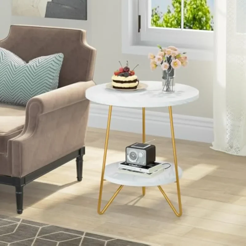 Round Faux Marble Two-Tier Mid-Century Modern Side Table with Gold Base - Image 5