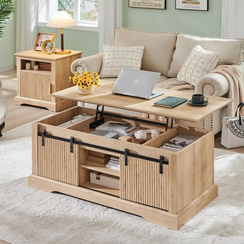 Fluted Rectangular Lift Top Coffee Table with Storage Compartment and Sliding Door - Image 7