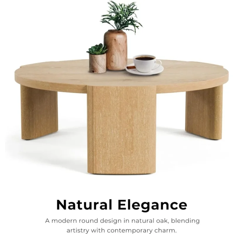 Round Oak Mid-Century Modern Coffee Table with Solid Wood Plinth Base - Image 5