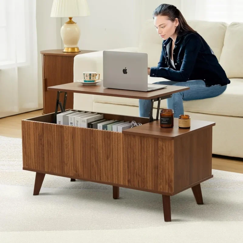 Rectangular Fluted Wood Lift Top Coffee Table with Hidden Storage Compartment - Image 5