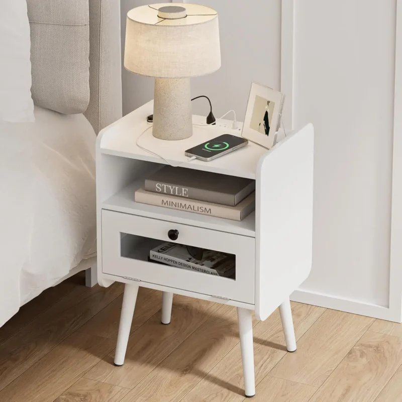 Rectangular Wood Mid-Century Modern Nightstand with Charging Station and Storage Drawer - Image 2