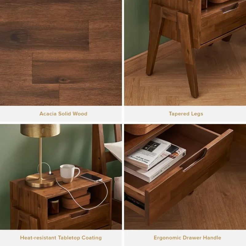Walnut Solid Wood Mid-Century Modern Nightstand with Charging Station and Drawer - Image 5