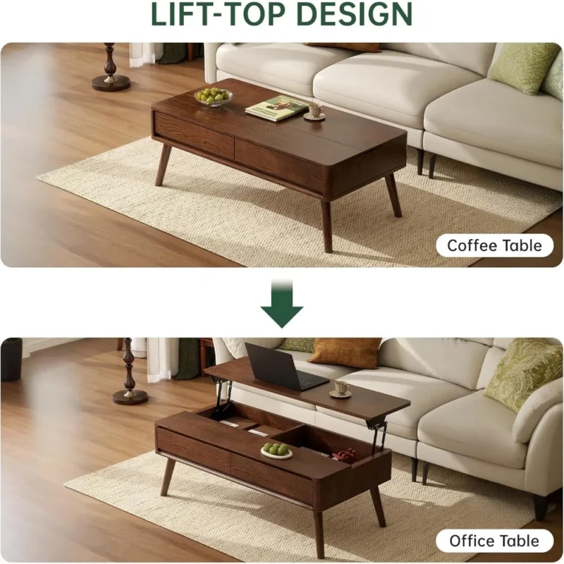 Rectangular Solid Oak Lift Top Mid-Century Modern Coffee Table with Storage - Image 3