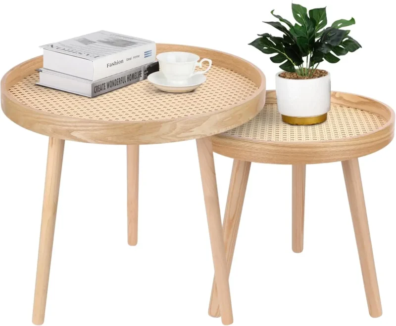 Round Handwoven Rattan Mid-Century Modern Side Table with Black Frame - Image 9