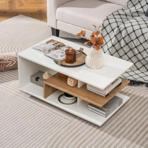 Rectangular Wooden Modern 3-Tier Coffee Table with L-Shaped Storage Shelves