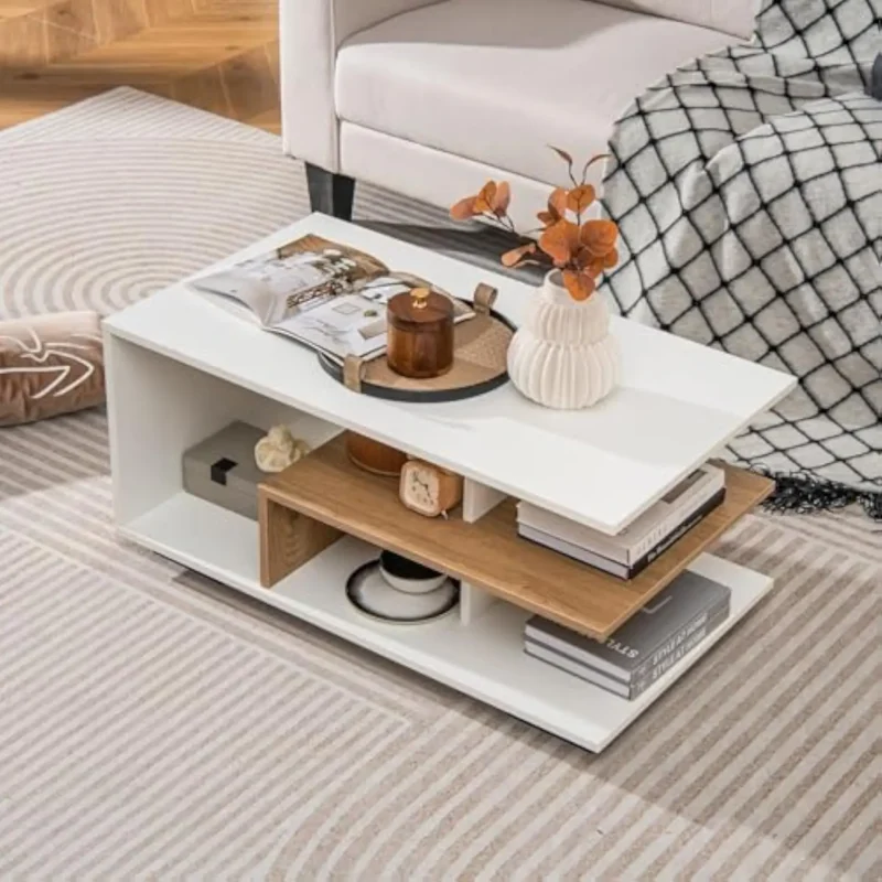 Rectangular Wooden Modern 3-Tier Coffee Table with L-Shaped Storage Shelves
