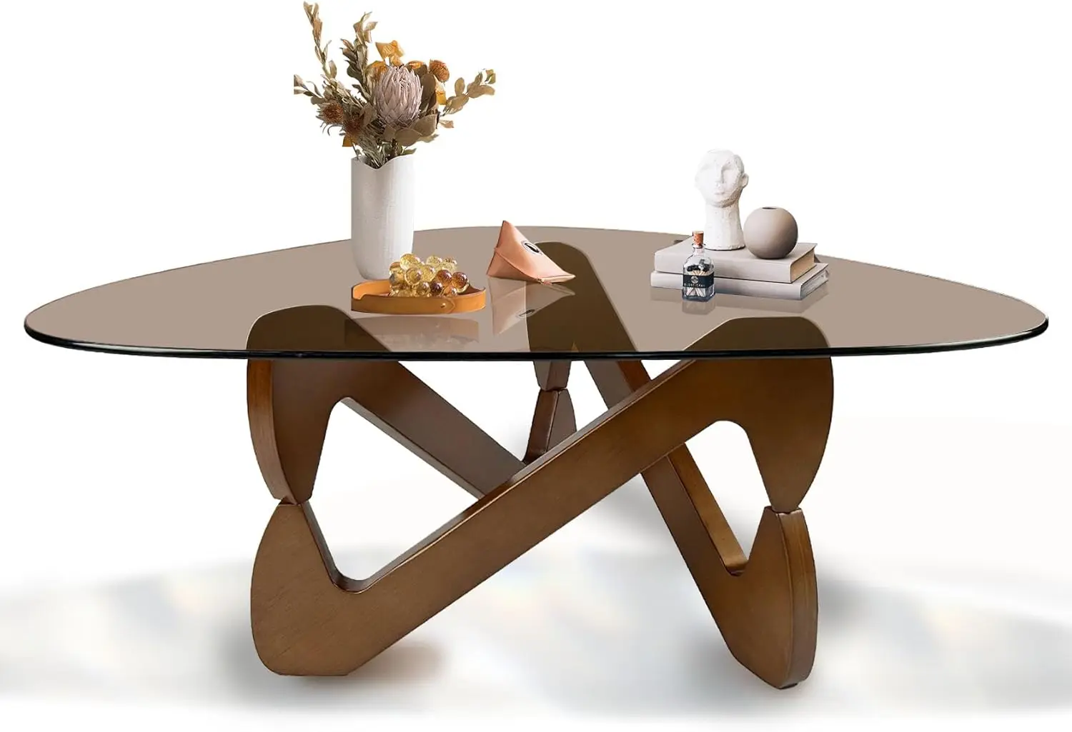 Distinctive triangular glass coffee table showing how unique shapes create visual interest in mid-century design