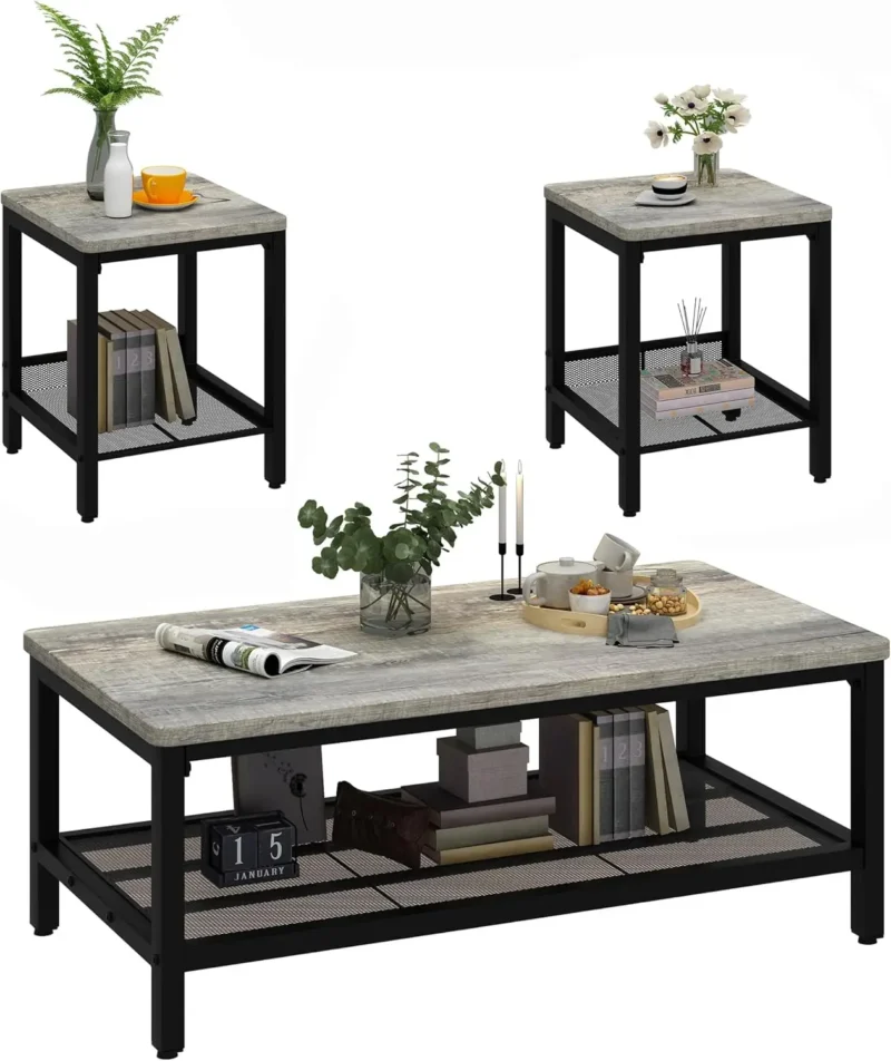 Nested Square Coffee Table Set with 2 Side Tables Modern Industrial Metal Frame - Image 8