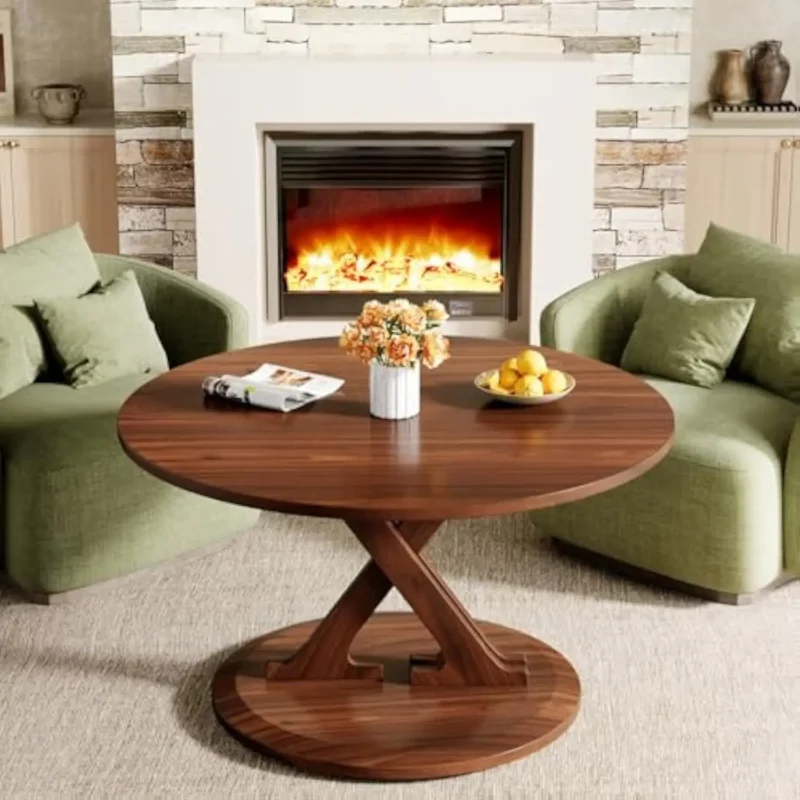 Round Walnut Wood Mid-Century Modern Coffee Table with X-Shaped Base - Image 6