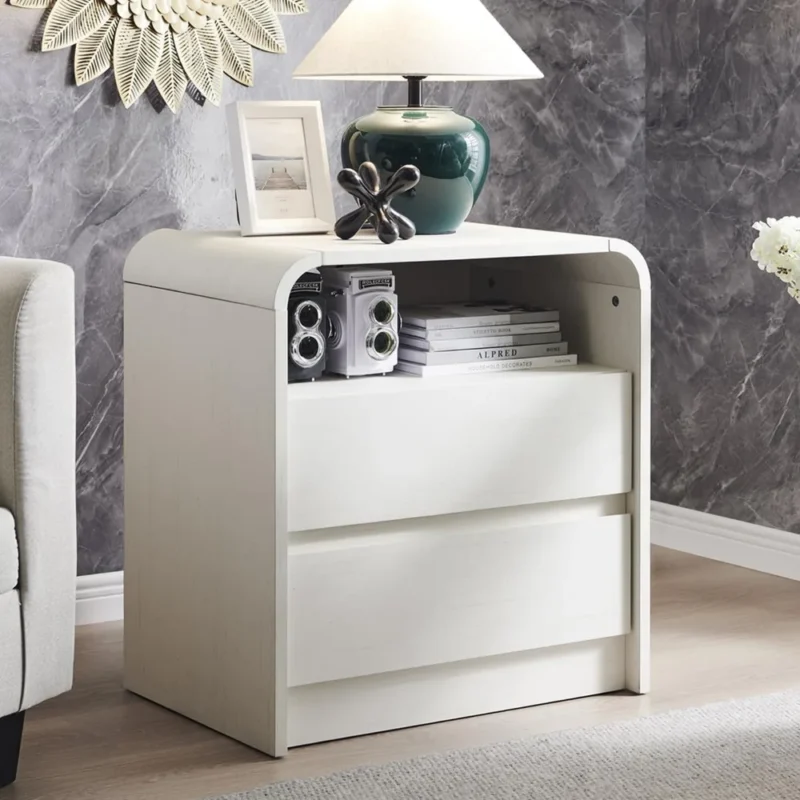Modern Wood Nightstand with Charging Station and Dual Storage Drawers