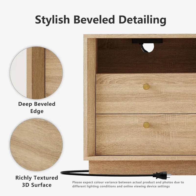 Rectangular Wood Nightstand with Charging Station Mid-Century Modern Bedside Table - Image 4
