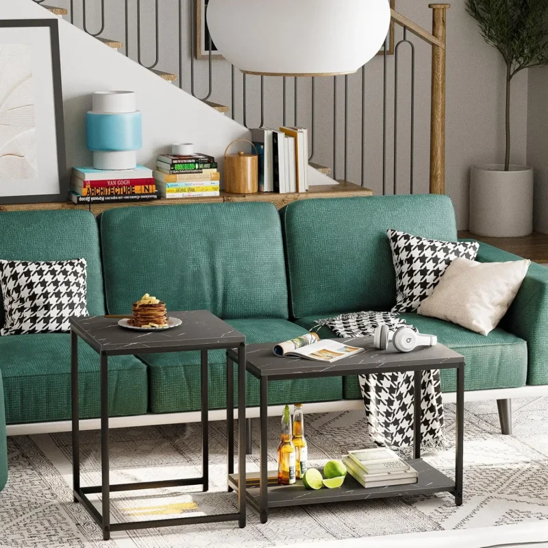 Oval Nesting Marble-Look Coffee Tables Set Mid-Century Modern Storage Tables - Image 4