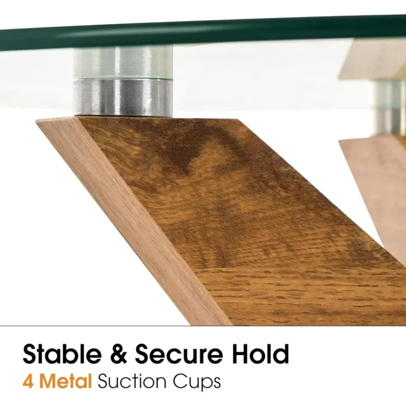 Round Tempered Glass Mid-Century Modern Coffee Table with Wooden Base - Image 5
