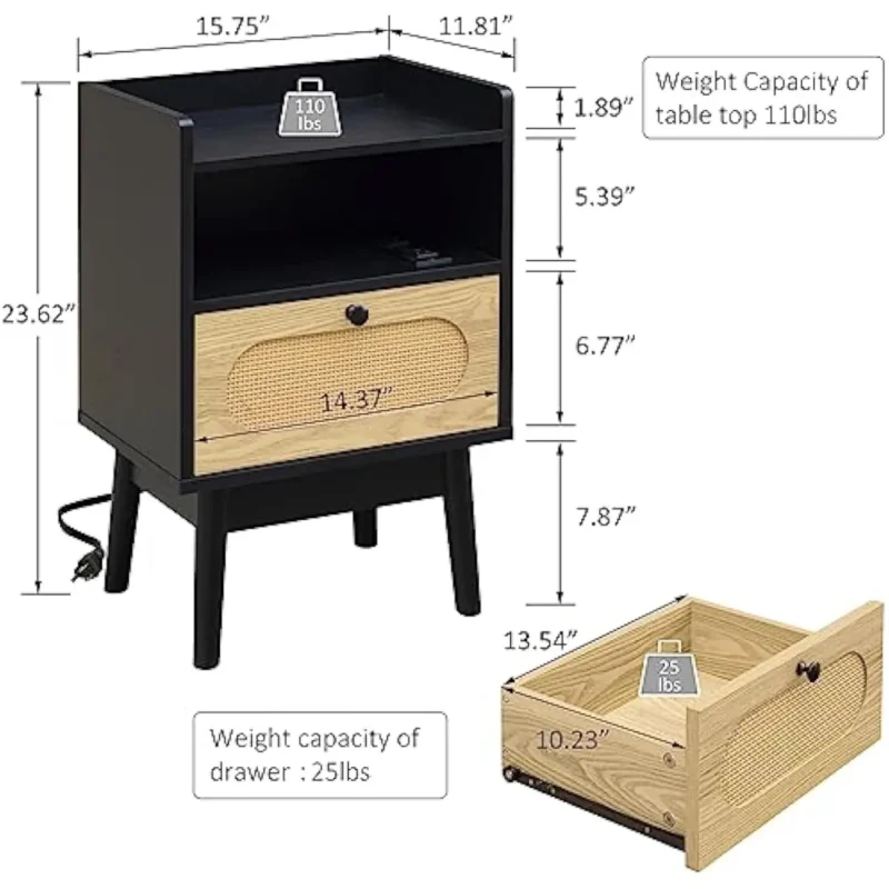 Round Rattan Modern Nightstand Set with Charging Station Mid-Century Bedside Tables - Image 3