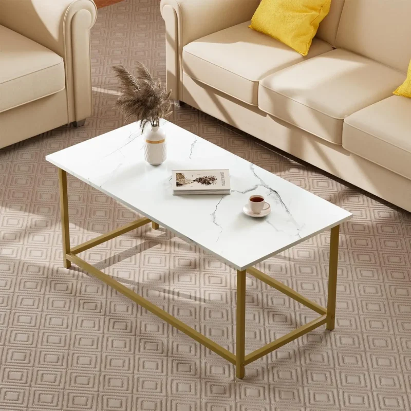 Rectangular White Faux Marble Mid-Century Modern Coffee Table with Open Design - Image 6