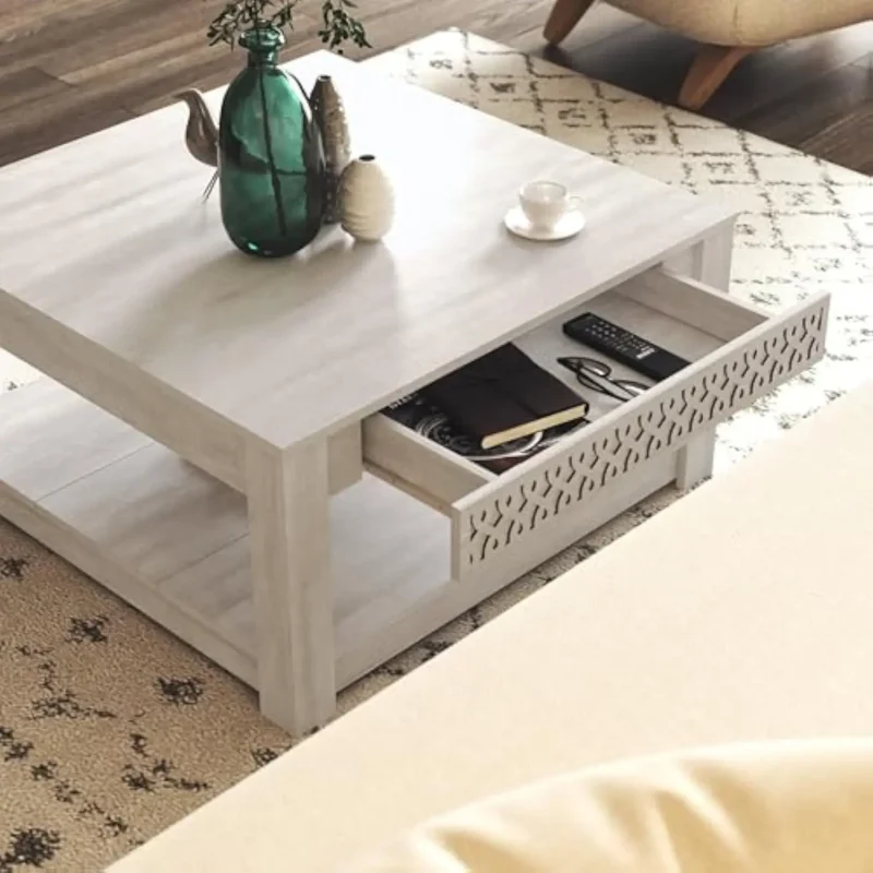 Square Walnut Wood Mid-Century Modern Coffee Table with Storage Drawer - Image 4