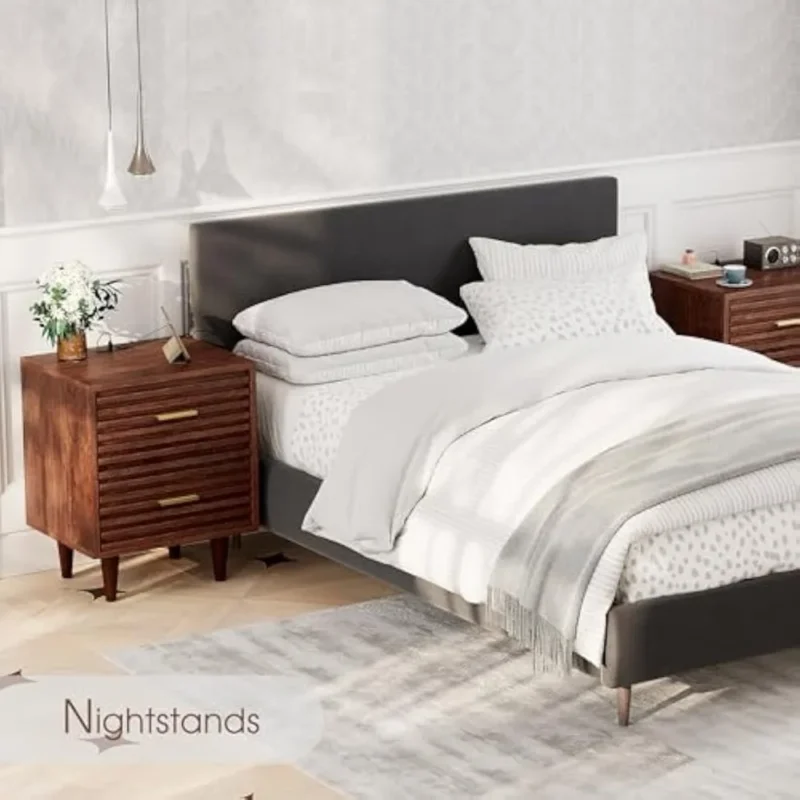 Modern Wooden Nightstands with Charging Station and Drawers Set of 2 - Image 2