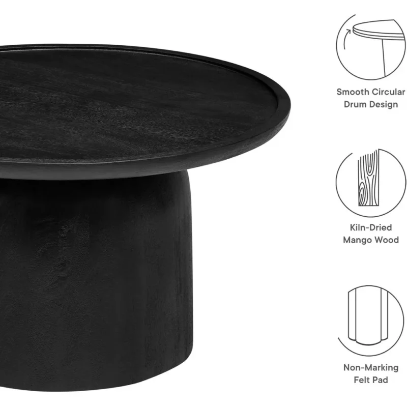 Round Mango Wood Mid-Century Modern Coffee Table with Black Finish - Image 4