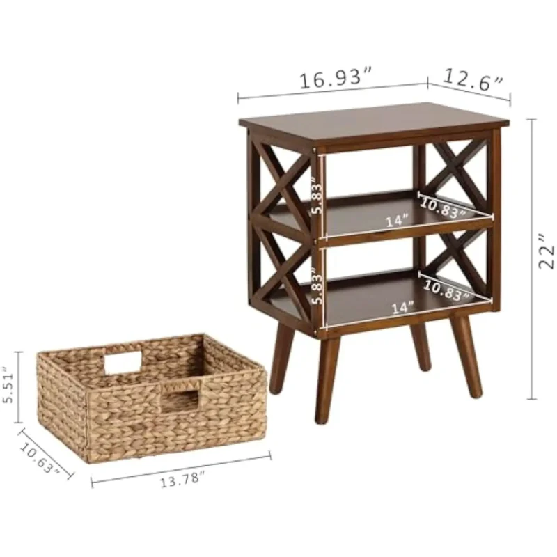 X-Shape Walnut Wood Mid-Century Modern Nightstand with Storage Shelf and Basket - Image 2
