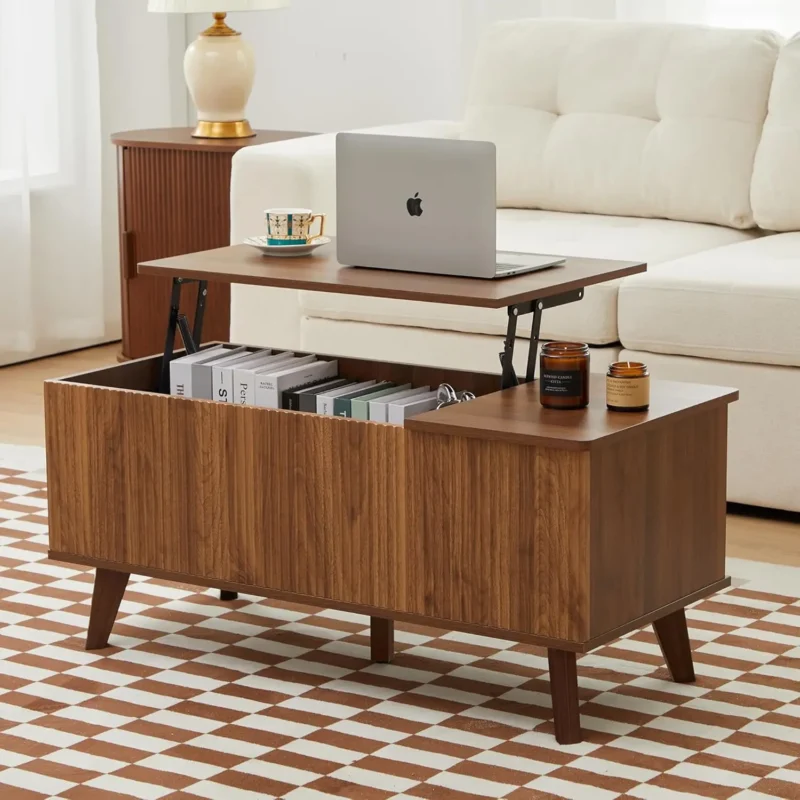 Rectangular Fluted Wood Lift Top Coffee Table with Hidden Storage Compartment - Image 7