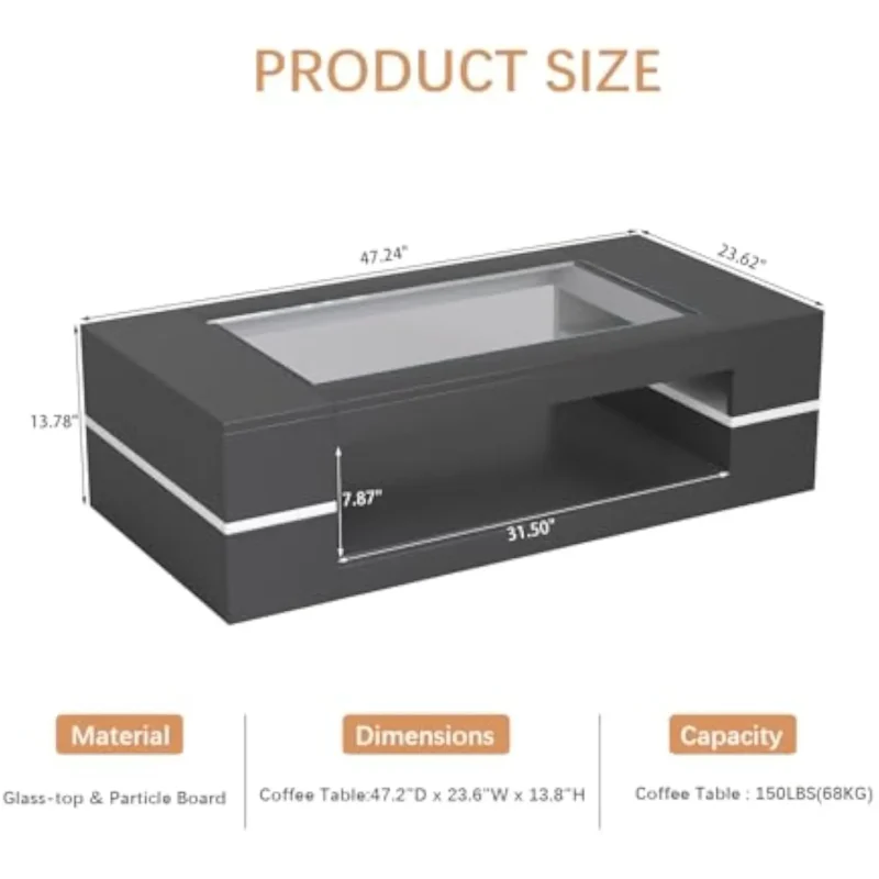 Rectangular Glass Top Mid-Century Modern Coffee Table with Storage Shelf - Image 2
